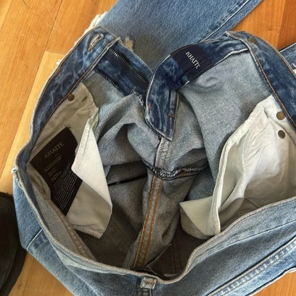 KHAITE Straight stovepipe jeans in blue Rigid Denim Distressed Women 26 New